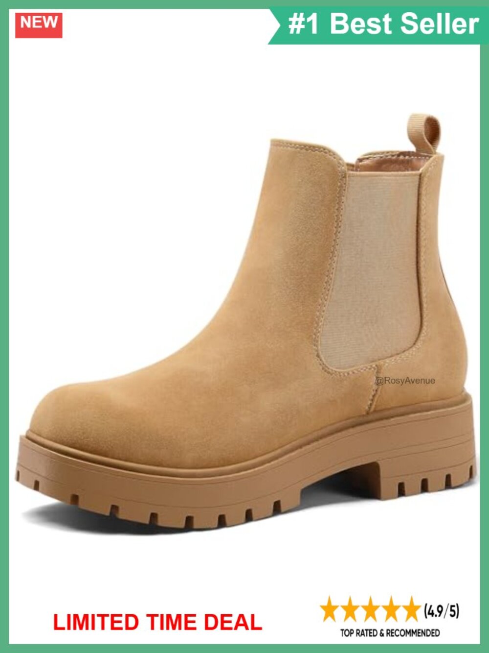Faux Suede Chelsea Ankle Boots Low Block Heel Slip On Lug Sole